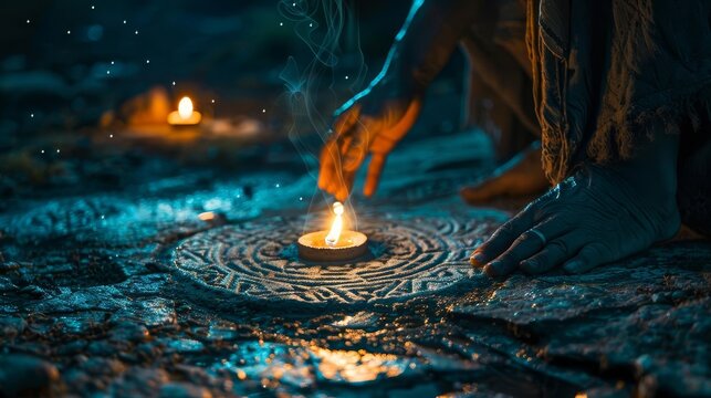 Show an alchemist under the light of the full moon, performing a ritual with ancient symbols etched into the ground, Close up