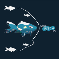 This abstract  illustration concept captures a group of fish swimming in a row, led by a big fish, all thriving in a pristine ocean. It beautifully showcases the harmony and purity of underwater life,