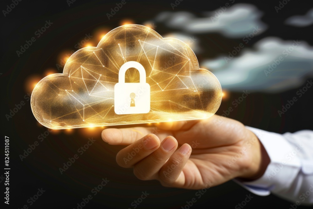 Poster bright glowing padlock icon on a digital cloud network being presented by a hand in a high tech envi
