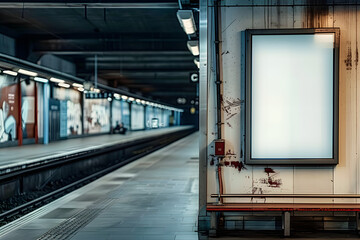 A blank empty canvas poster screen board hanging on a wall at a railway station.