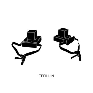 Set of Tefilin - Phylacteries in Hebrew. Small boxes with straps containing scrolls with verses from the Torah. Flat style vector in black on white for logo, banner, flyer, sticker, poster, decoration