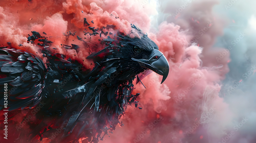 Poster Powerful Cyborg Eagle Warrior Poised for Attack in Dreamlike Shimmering Smoke Scene