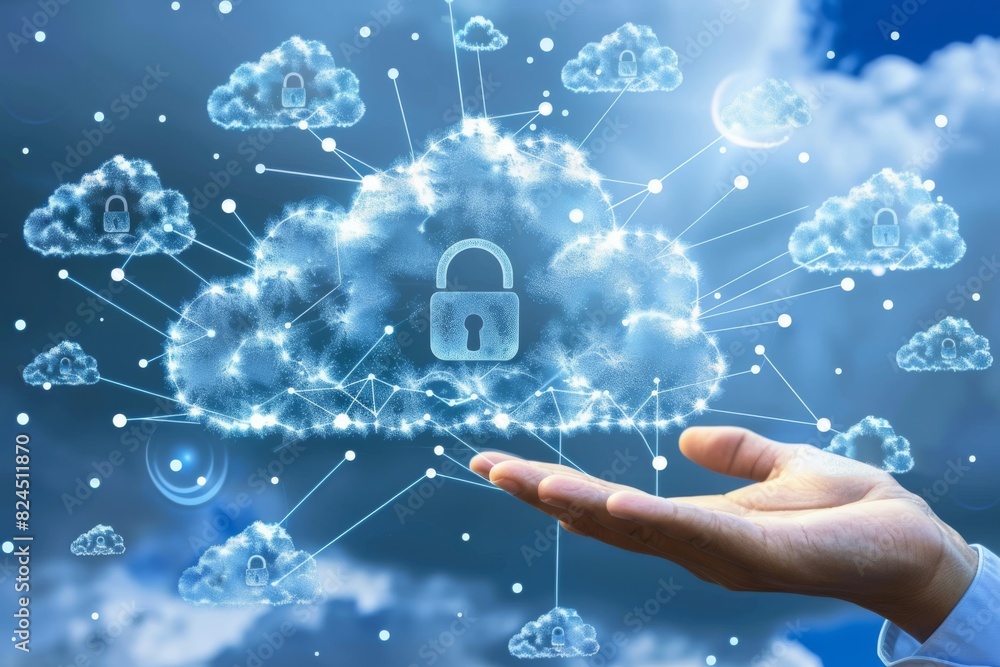 Poster digital cloud network with padlock security floating above a hand in a bright blue sky with clouds