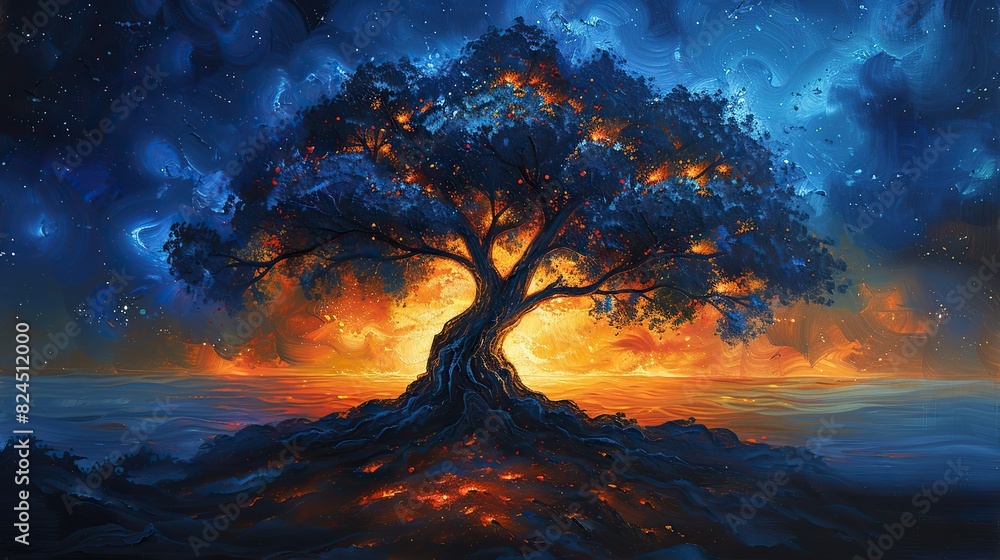 Poster a painting of a tree with branches forming an upward arrow, symbolizing branching out and growing. i