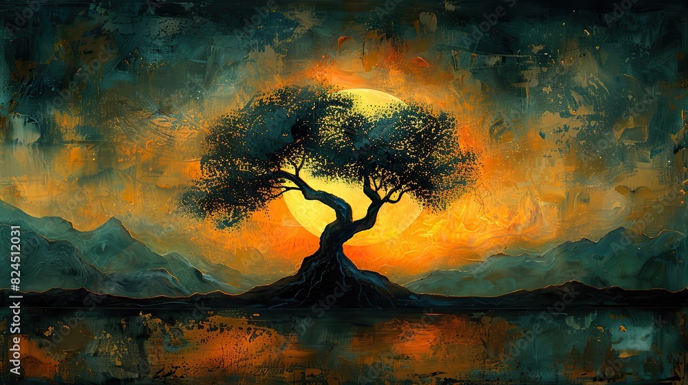 Poster a painting of a tree with branches forming an upward arrow, symbolizing branching out and growing. p