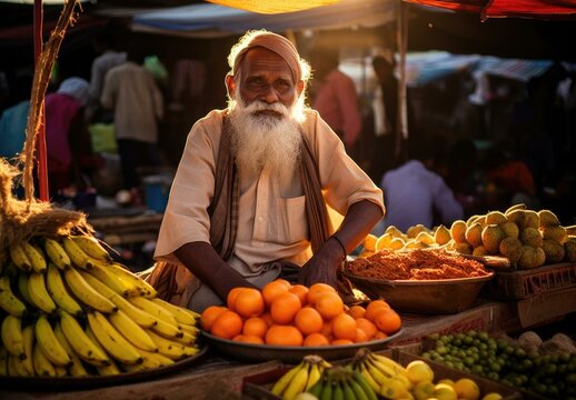 Portrait of an elderly man selling fruits and vegetables at a market. AI.