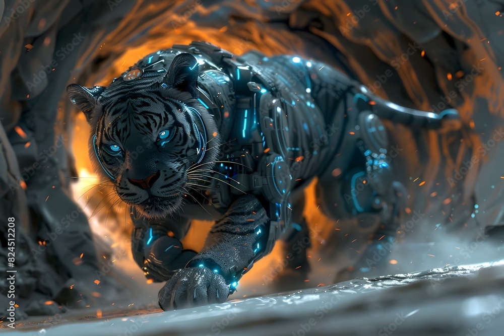 Sticker powerful cyborg tiger warrior emerging from swirling portal of energy in sci-fi