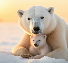 A polar bear and her cub in the Arctic. AI.