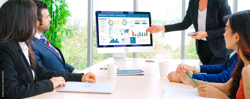 Poster computer software for website traffic analytics data on computer screen. concept of seo search engin