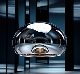 An elegant silver lamp hangs from the ceiling, reflecting its surroundings. AI.