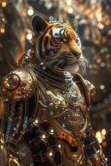 Regal Cyborg Tiger Warrior Adorned in Intricate Golden Filigree Against Shimmering Abstract Backdrop