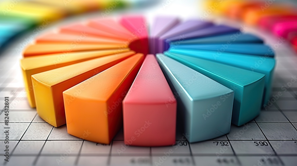 Poster a pie chart with colorful, growing segments, representing diversification. stock image
