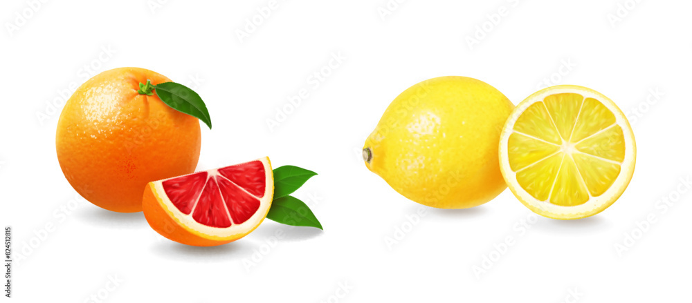 Wall mural Grapefruit and lemon 3d realistic vector whole and slice.