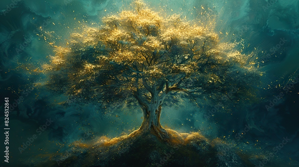 Poster a painting of a tree with branches forming an upward arrow, symbolizing branching out and growing. s