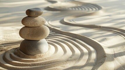 Balanced zen garden with stacked stones and rippled sand