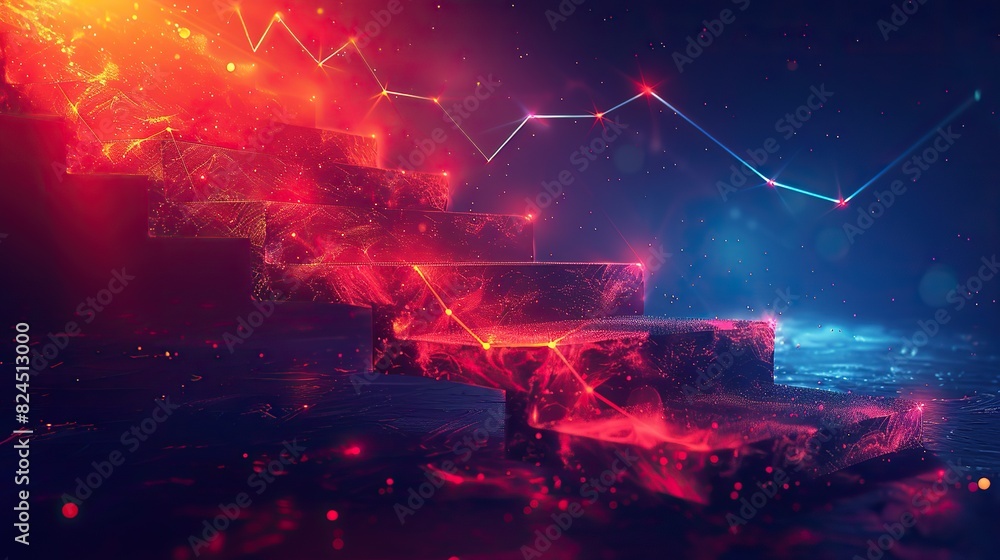 Poster a visual of a staircase transforming into a line graph with an upward trend, representing step-by-st