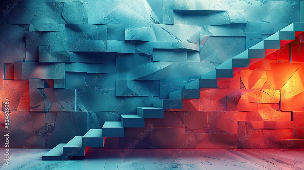 Poster a visual of a staircase transforming into a line graph with an upward trend, representing step-by-st