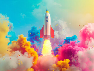 a rocket launching from colorful smoke