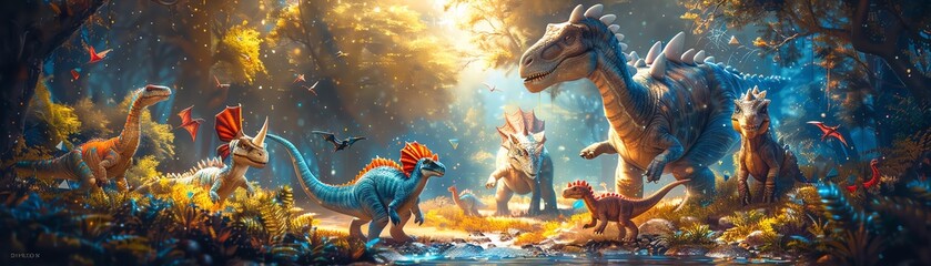 A birthday celebration with a dinosaur cake featuring a playful scene of baby dinosaurs hatching, colorful and detailed, joyful atmosphere, Digital Painting