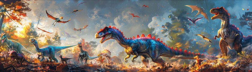 A birthday celebration with a dinosaur cake featuring a playful scene of baby dinosaurs hatching, colorful and detailed, joyful atmosphere, Digital Painting