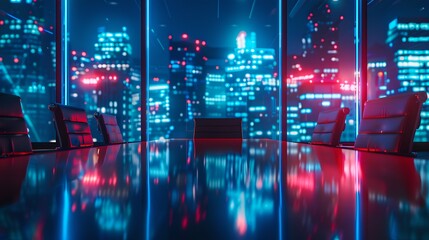 Futuristic Corporate Office Overlooking a Neon Cityscape at Night