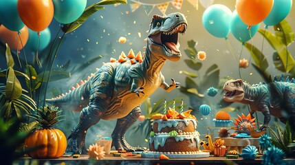 A birthday scene with a child excitedly looking at a dinosaur cake, surrounded by dinosaurthemed decorations, party hats, and balloons, fun and festive, Illustration