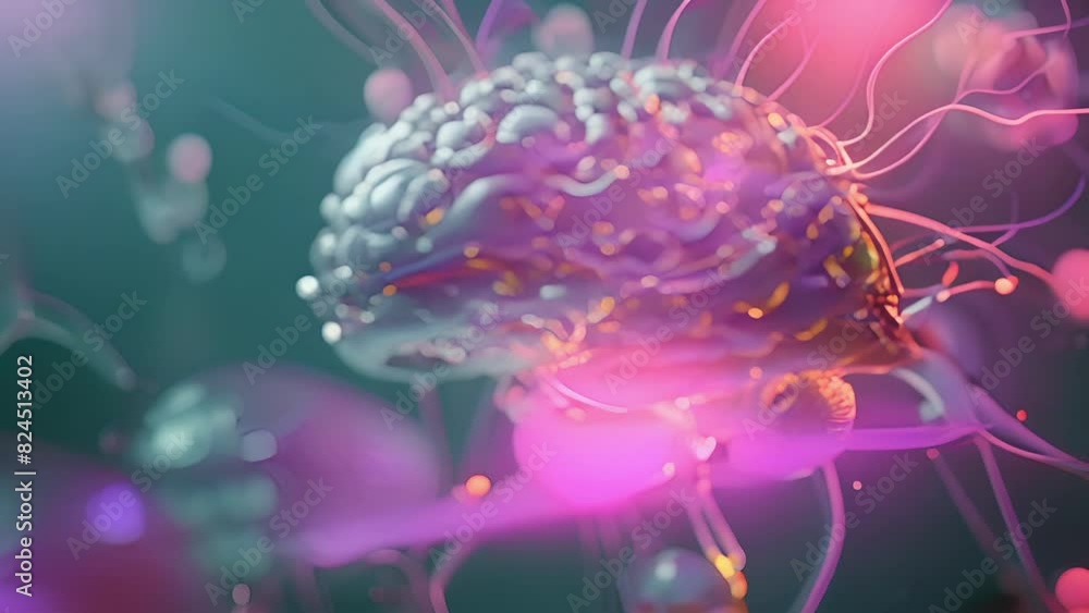 Poster a holographic representation of a brain with highlighted areas showing the effects of a neurological