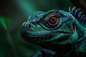 Fototapeta premium Close-up of a vibrant green lizard with intricate scales and a striking red eye