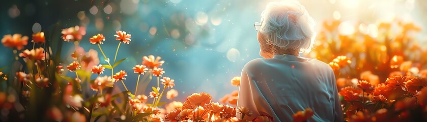 A futuristic garden party for a 90th birthday, holographic flowers, elderly person enjoying, serene atmosphere, SciFi Nature, Digital Illustration