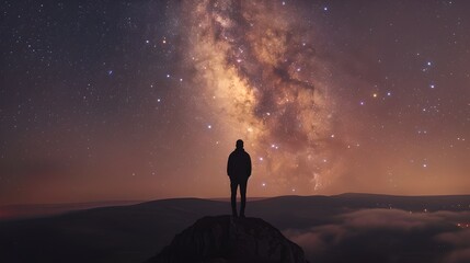 Solitary Figure Under a Majestic Night Sky Full of Stars and a Galaxy