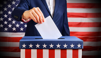 Close-up of a male hand inserting a white ballot to United States of America ballot box with American flag colors and stars. United States of America elections concept. Generative Ai.