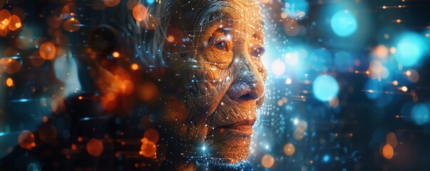 Elderly person with a digital portrait surrounded by holographic effects, family looking on with pride, bright lighting, Legacy, Digital Art