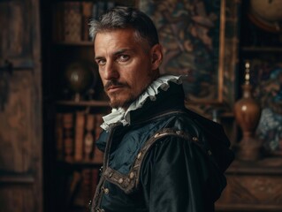 Obraz premium Serious historical man in old-fashioned clothing