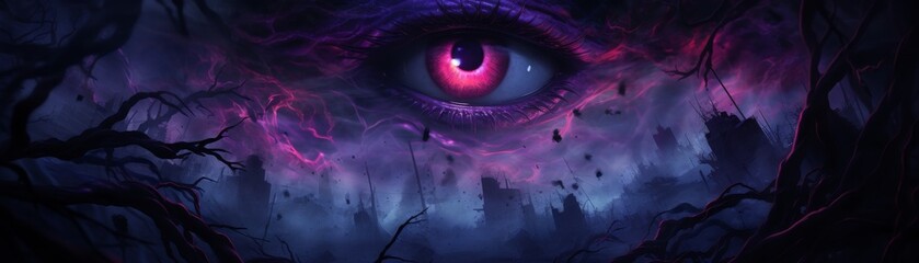 Large pink eye with glowing effect and abstract cityscape in purple haze