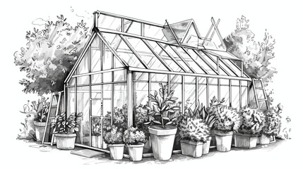 Sketch of beautiful glasshouse building surrounded 