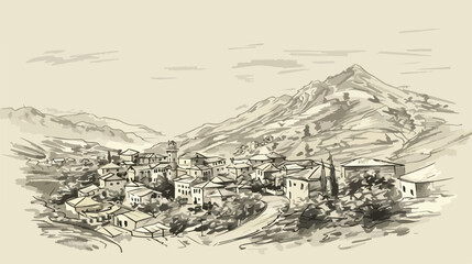 Sketch of mountain landscape with Georgian town color