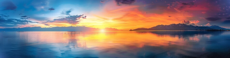 Panoramic view of the sea, sunset sky with orange and blue colors, mountains in the background