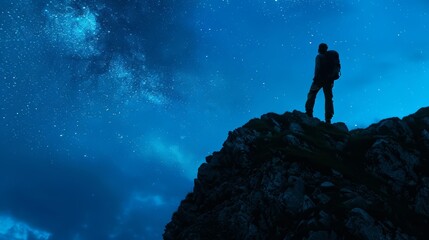 Silhouette of a Person Contemplating the Stars from the Hilltop at Night.