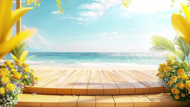 beach podium summer background sand product display. seamless looping overlay 4k virtual video animation background