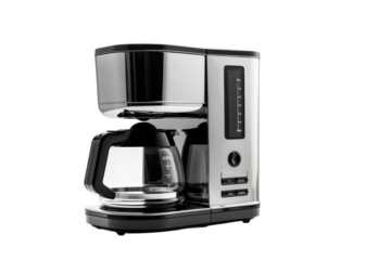 Brewing Elixir: Coffee Maker and Glass Carafe Dance on a White or Clear Surface PNG Transparent Background.