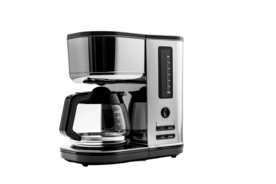 Brewing Elixir: Coffee Maker and Glass Carafe Dance on a White or Clear Surface PNG Transparent Background.