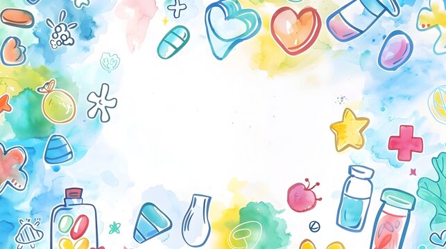 Playful Doodle Border Design for World Health Day with Vibrant Health Related Symbols and Watercolor Accents