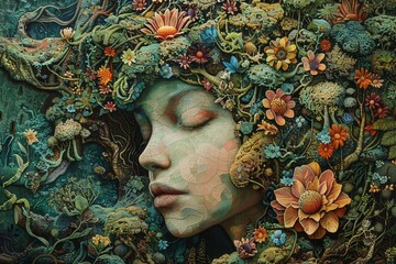 A beautiful woman with flowers and plants growing out of her head and neck.