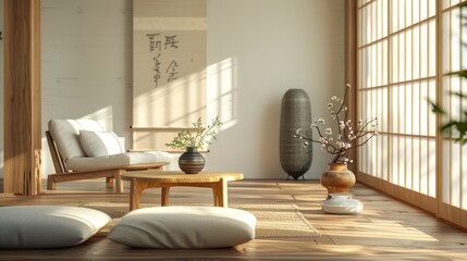 Interior design in a modern living room with wooden floor and white walls designed in Japanese style. 3D illustration. 3D rendering.