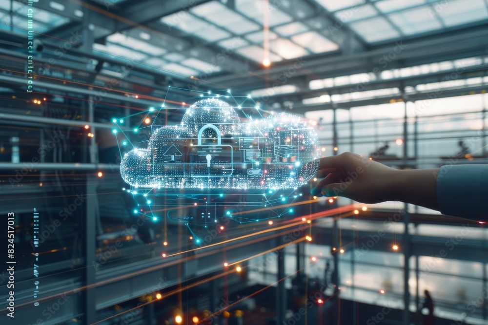Poster hand interacting with a holographic cloud network with padlock security features in a futuristic ser