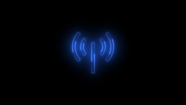 Neon wifi hotspot icon blue glowing black background animation