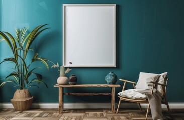 Photo of A blank frame on the wall above an empty wooden table in front of bluegreen walls, minimalist decor with a chair and small vases