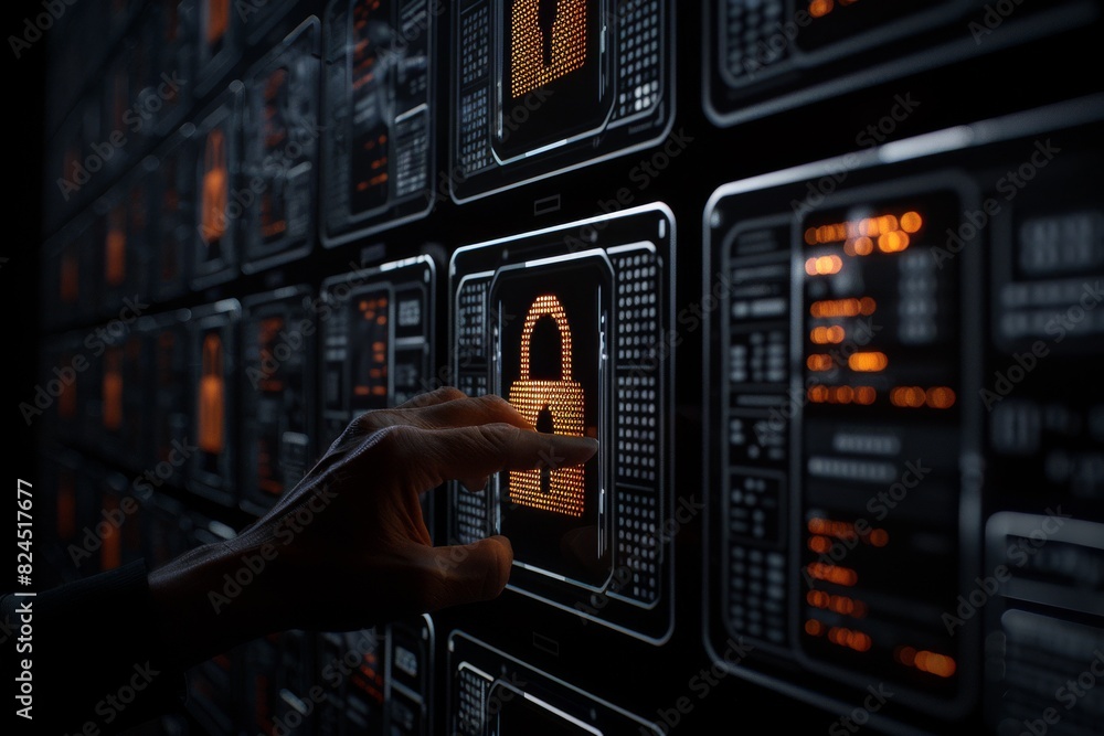 Poster digital interface with a holographic padlock icon being touched by a hand in a high tech setting