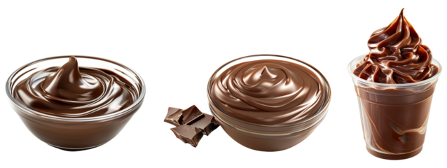 Three bowls of chocolate sauce with a cup of chocolate sauce in the middle cutout on transparent background. Mockup for template product presentation.