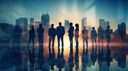 Unity in Diversity: Double Exposure Silhouettes of Diverse Business People Standing Together for Collaboration, with Blurred Cityscape Background